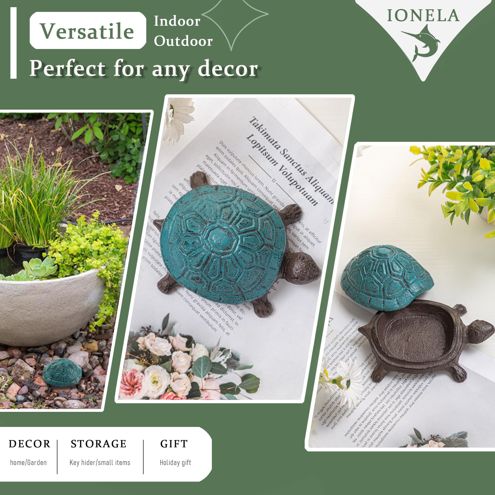 Ionela turtle shell storage reveals hidden cavity for keys or small valuables.