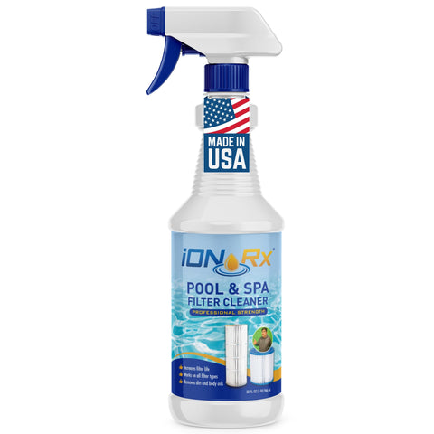 iONRx filter-cleaner bottle demonstrates spa filter deep cleaning benefits.