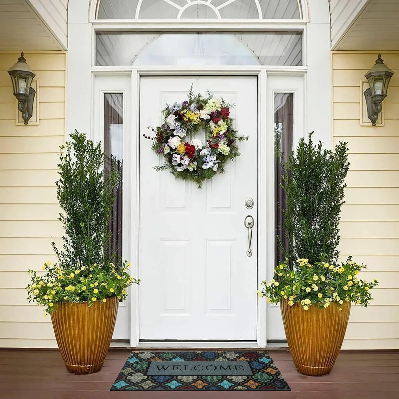 Iouwy colorful flower welcome mat easy-clean surface supports quick maintenance.