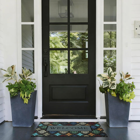 Iouwy colorful flower welcome mat indoor-outdoor versatility suits foyers patios and mudrooms.
