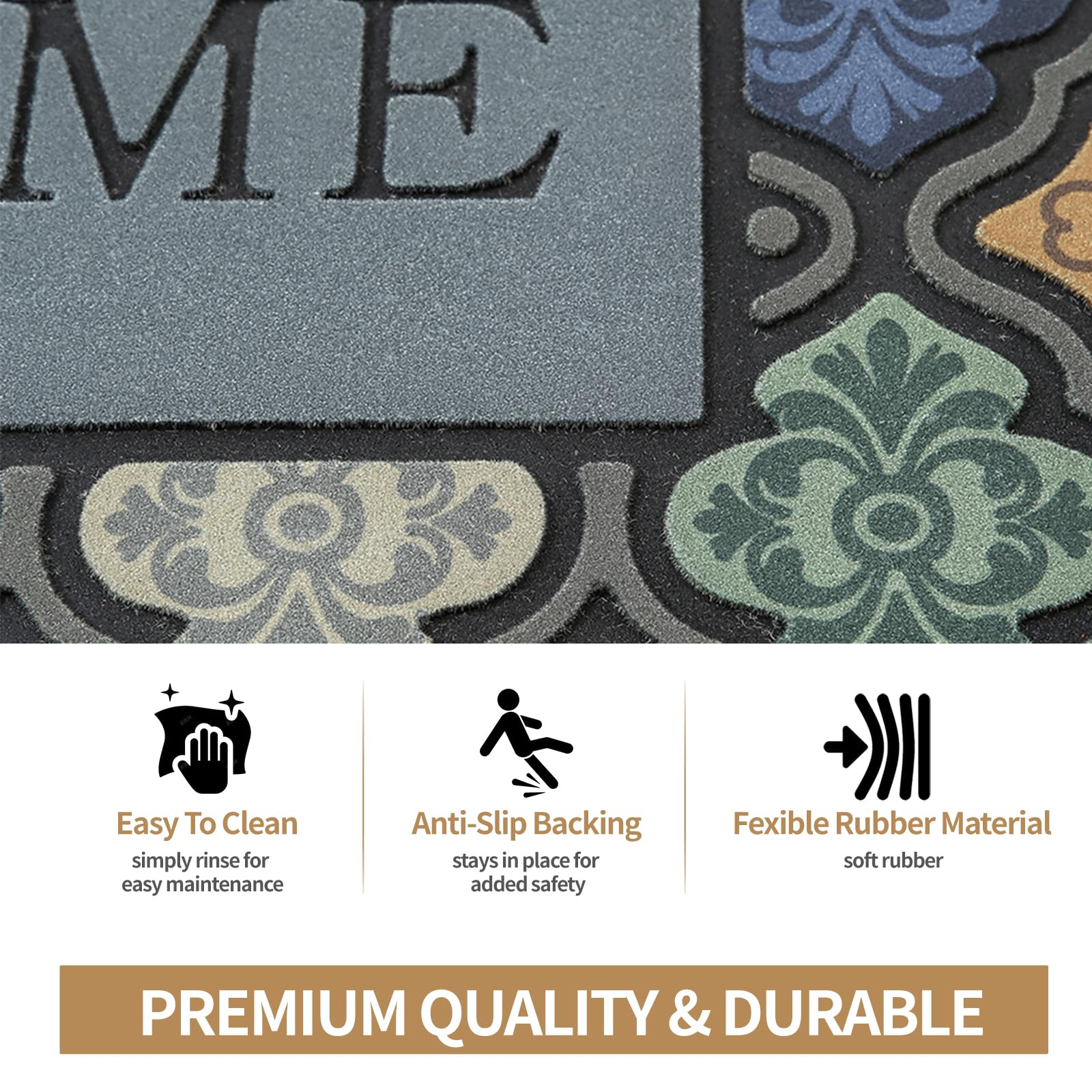 Iouwy colorful flower welcome mat low-profile design fits under most doors.
