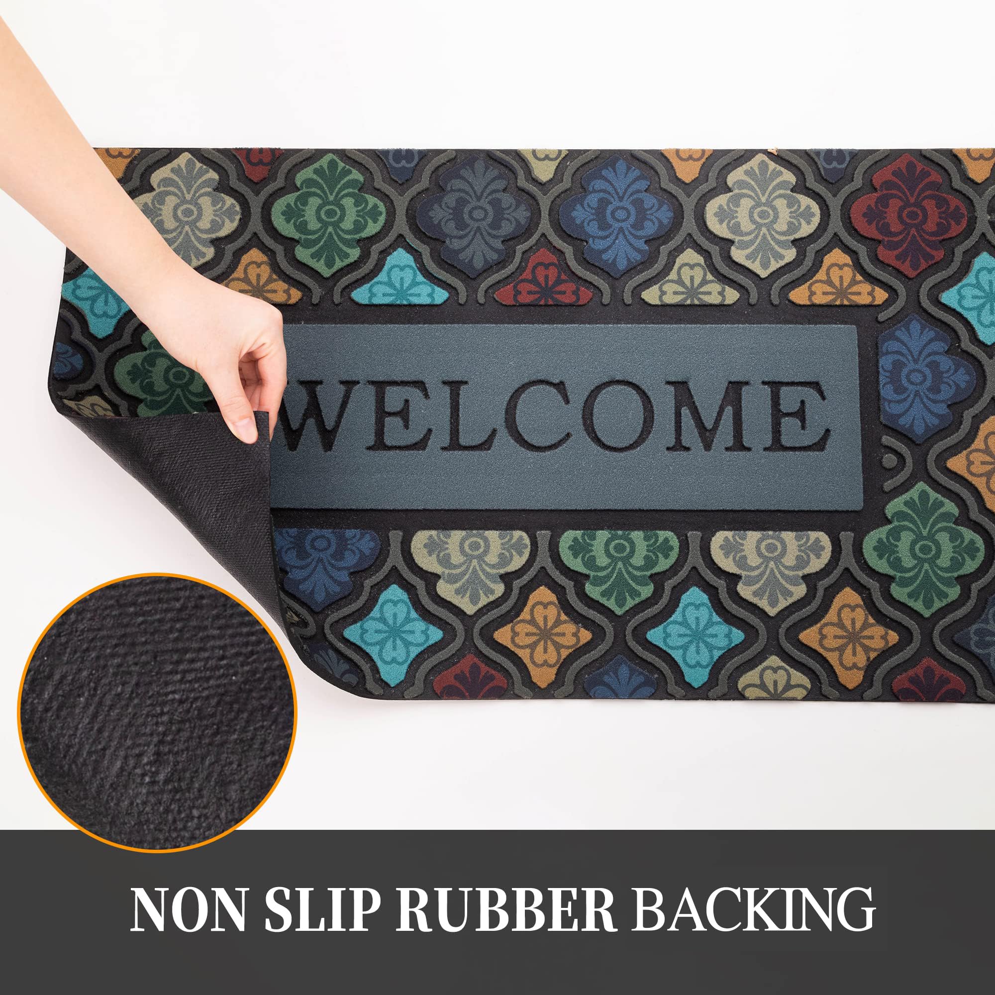 Iouwy colorful flower welcome mat rubber-back provides non-slip stability on slick floors.