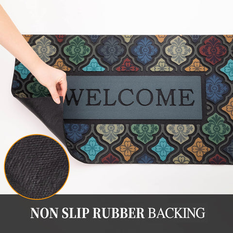 Iouwy colorful flower welcome mat rubber-back provides non-slip stability on slick floors.