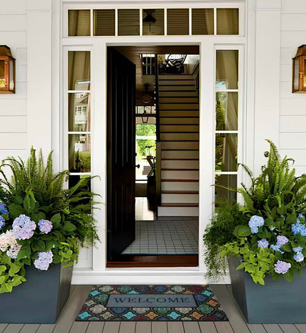 Iouwy colorful flower welcome mat textured-grooves enhances dirt scraping at the doorway.