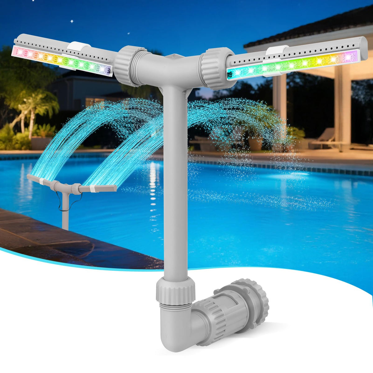 IPOOLTENG dual-spray pool fountain in action delivering high-pressure arcs for cooling and display.