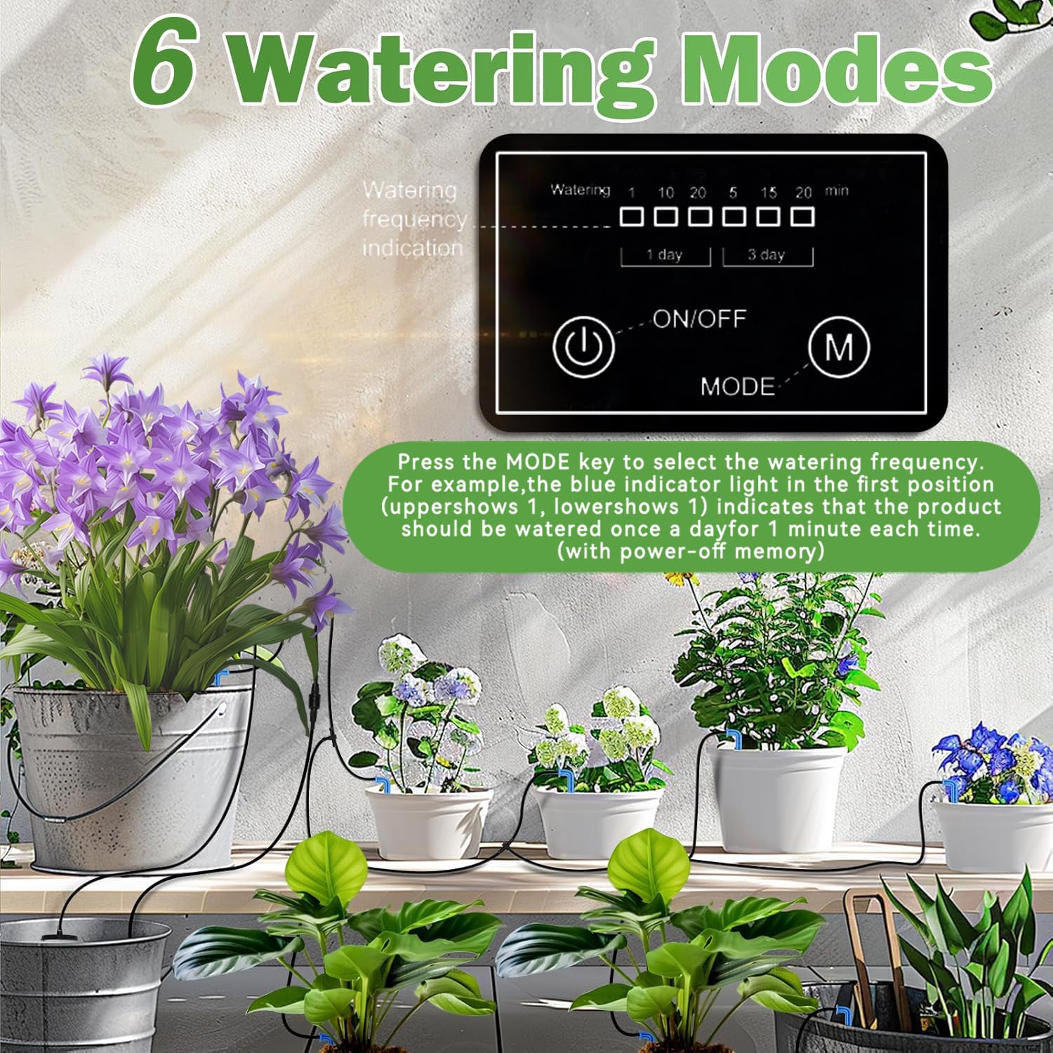 IPOW anti-siphon dripper close-up prevents overwatering after switch-off.