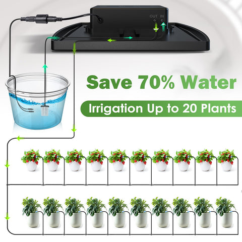 IPOW automatic pump in indoor garden setup ensures consistent watering.