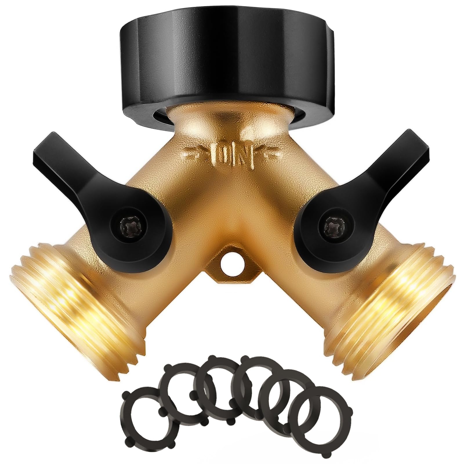 IPOW brass heavy-duty 2-way Y valve connected to garden spigot for dual watering options
