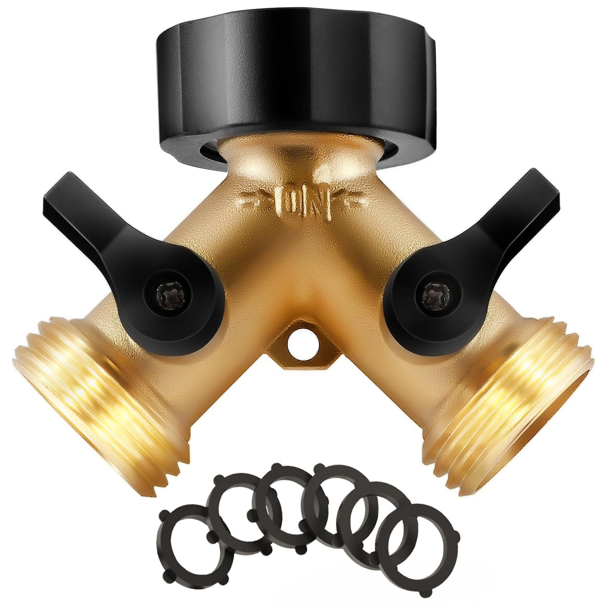 IPOW brass heavy-duty 2-way Y valve connected to garden spigot for dual watering options