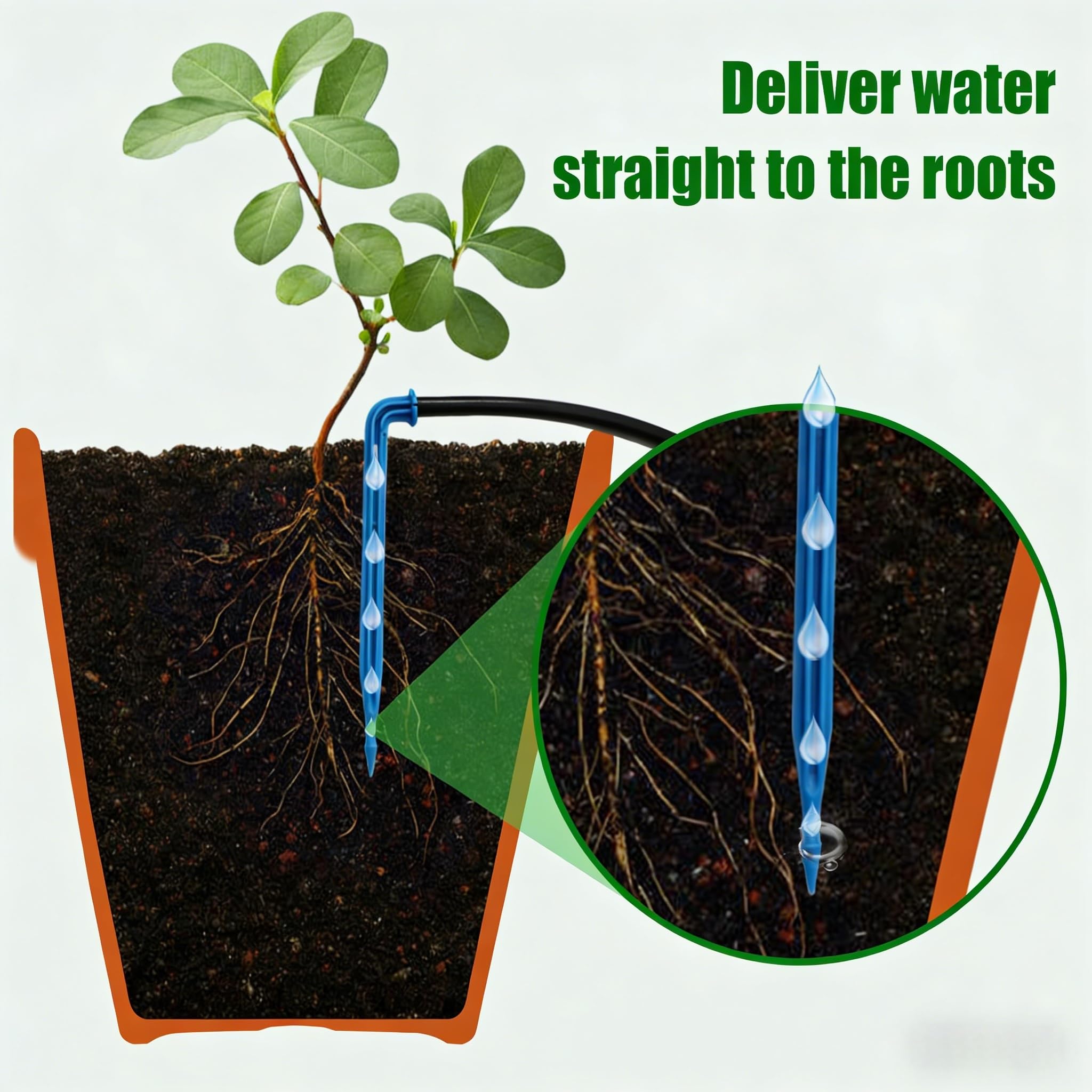 IPOW drip irrigation on potted plants in a patio scene.