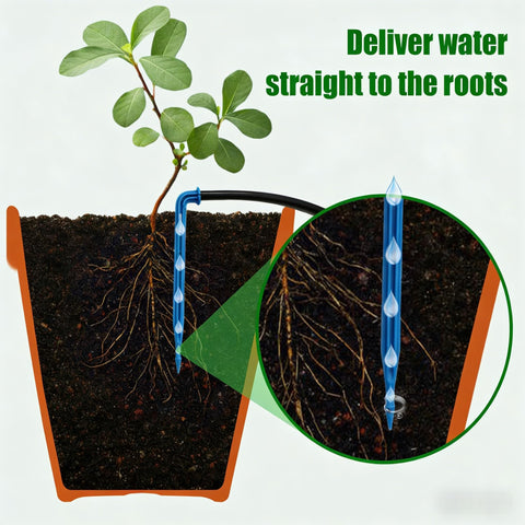 IPOW drip irrigation on potted plants in a patio scene.