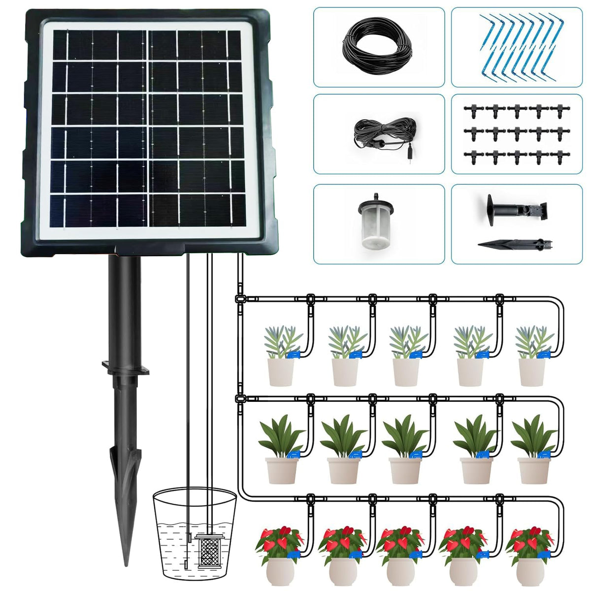 IPOW solar-powered watering system with outdoor setup for efficient plant care.