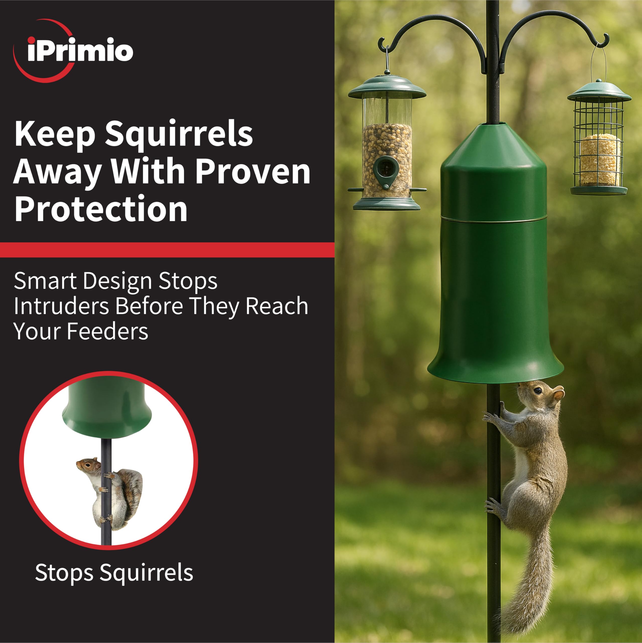 iPrimio Easy-Install Baffle shown on a feeder pole with no tools required.