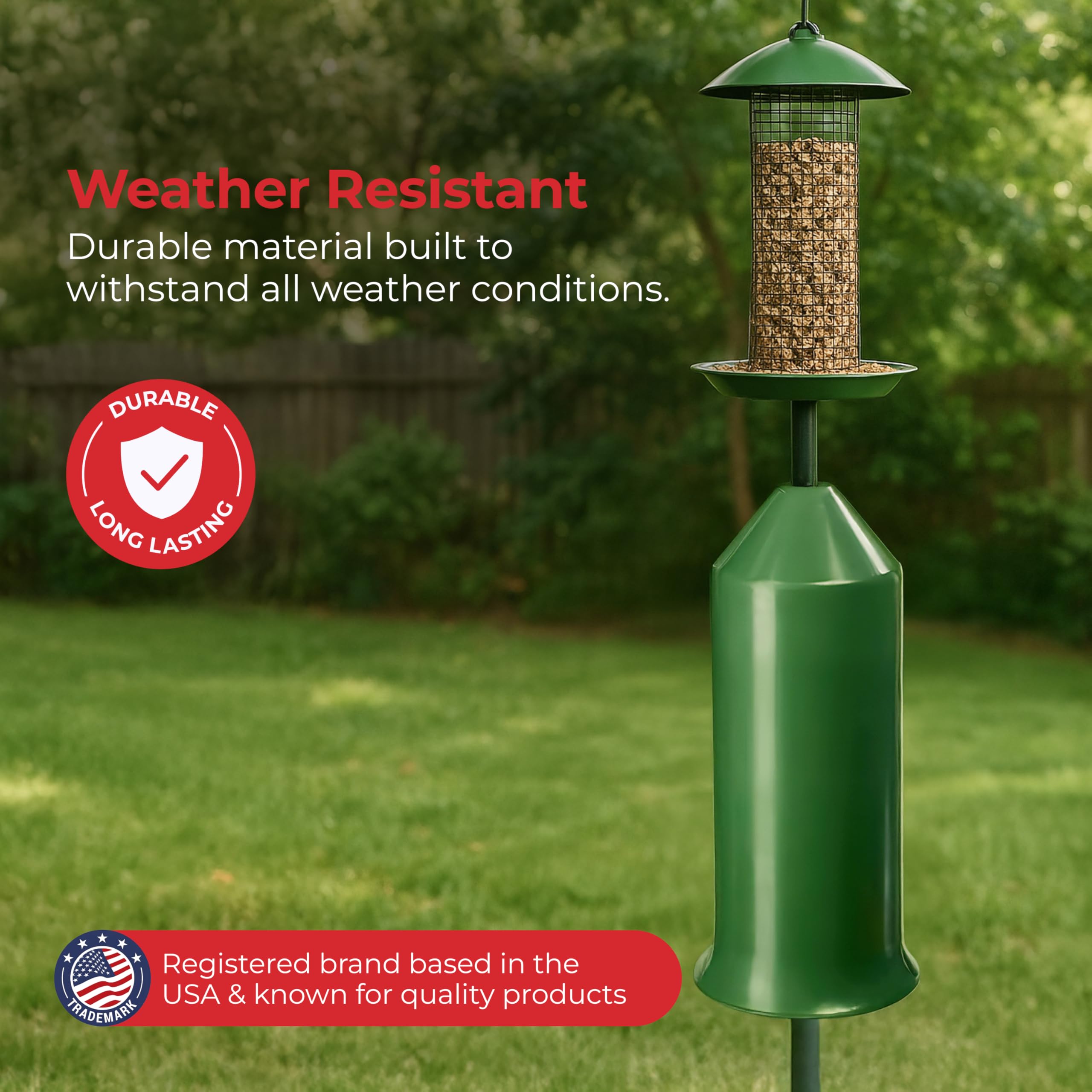 iPrimio squirrel baffle guards feeding areas while keeping birds undisturbed.