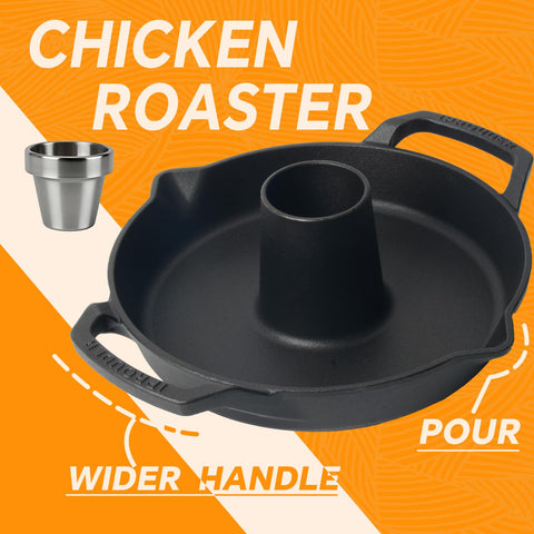 IPROUDER cast iron roaster with drip pan for fat collection.