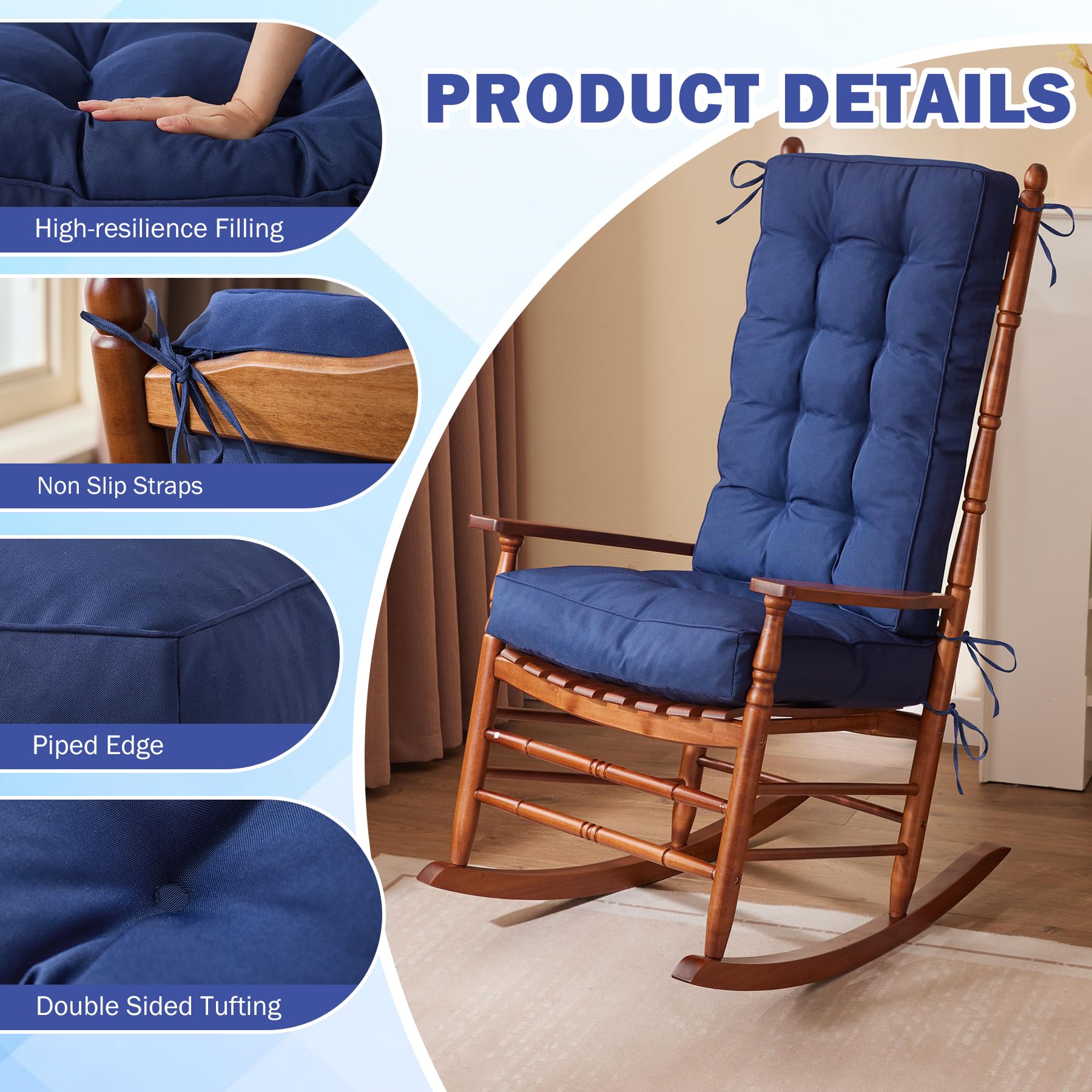 IPYNBAP cushion ties on navy cushion keeps chair secure.