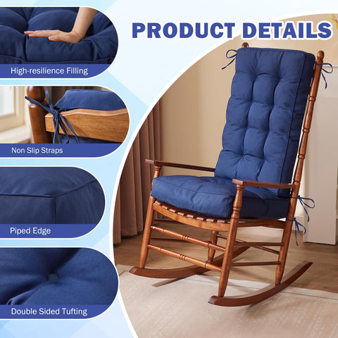 IPYNBAP cushion ties on navy cushion keeps chair secure.