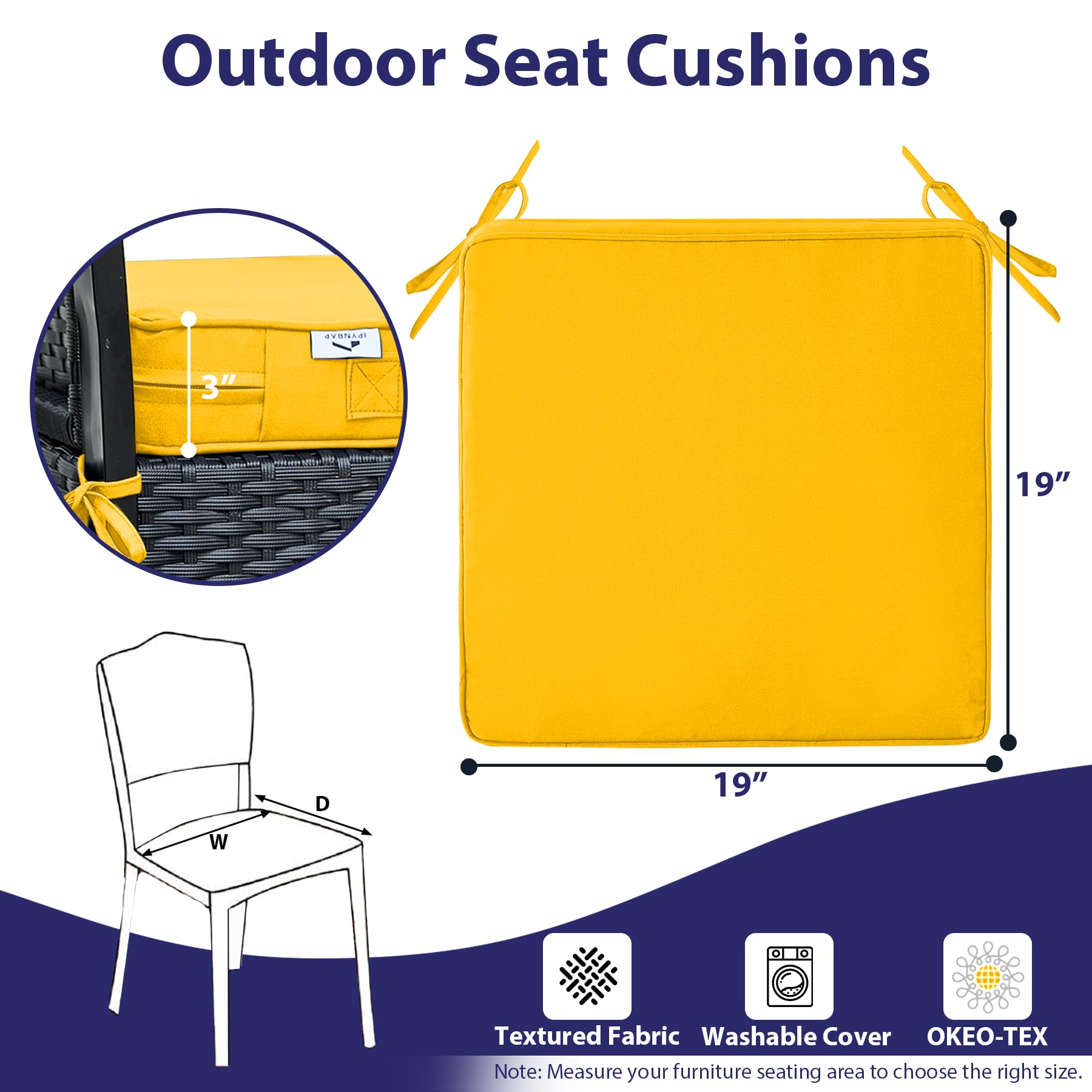 IPYNBAP square outdoor cushion with 3-inch thickness for enhanced seating comfort