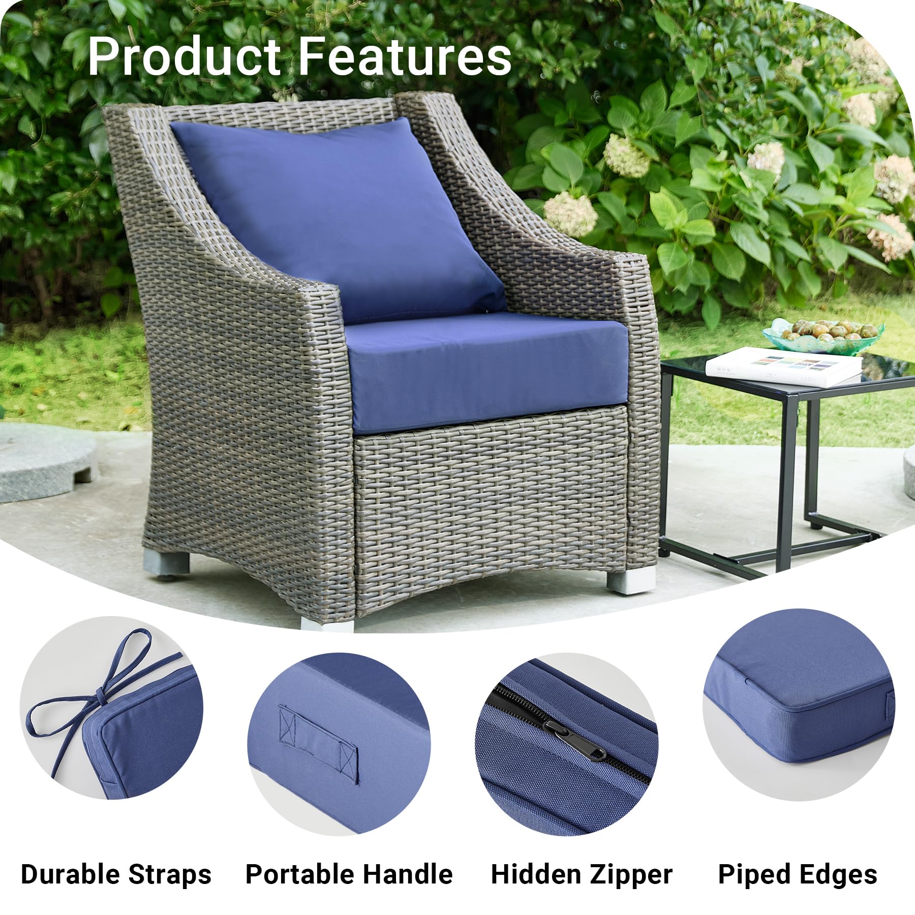 IPYNBAP cushions with attached ties and hidden zip stay secure.