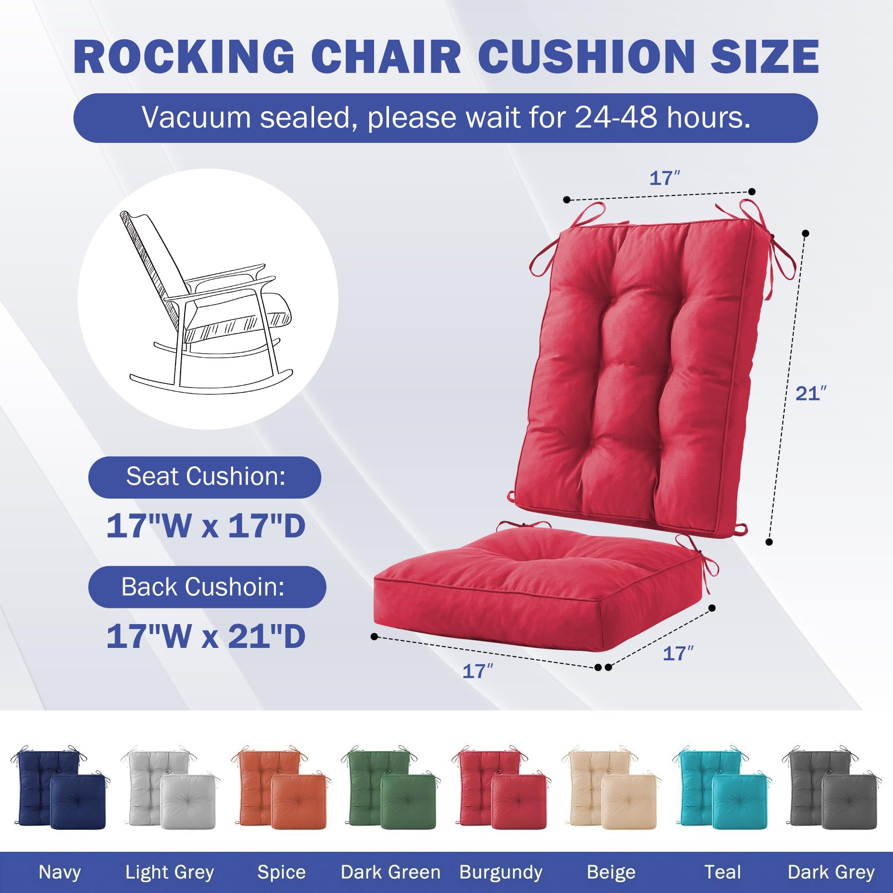 IPYNBAP rocking chair cushion back view highlights tufted detailing and durable piping.