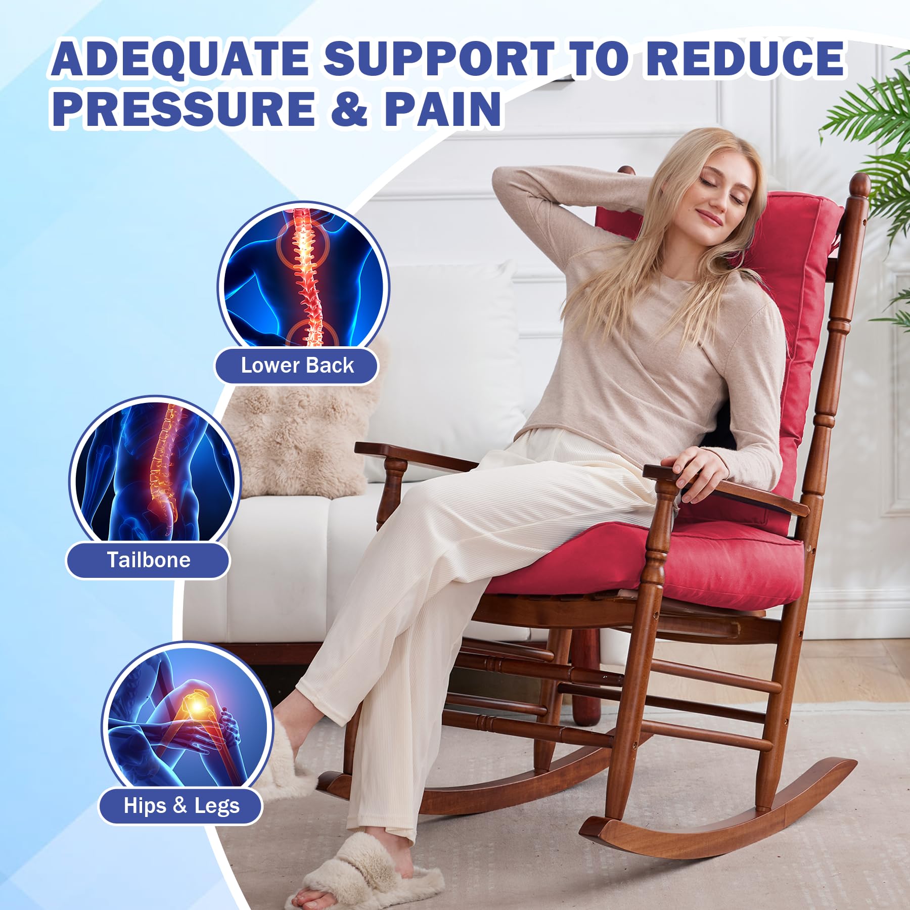 IPYNBAP cushion with ties demonstrates secure attachment to a rocker chair.