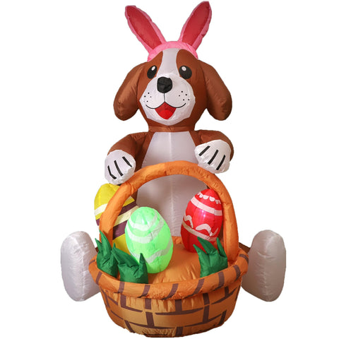Brown puppy with bunny ears ready for Easter egg hunt photos.