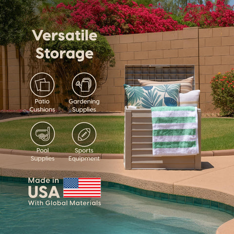IRIS USA 35-gallon deck box bench-use showcases versatile outdoor seating