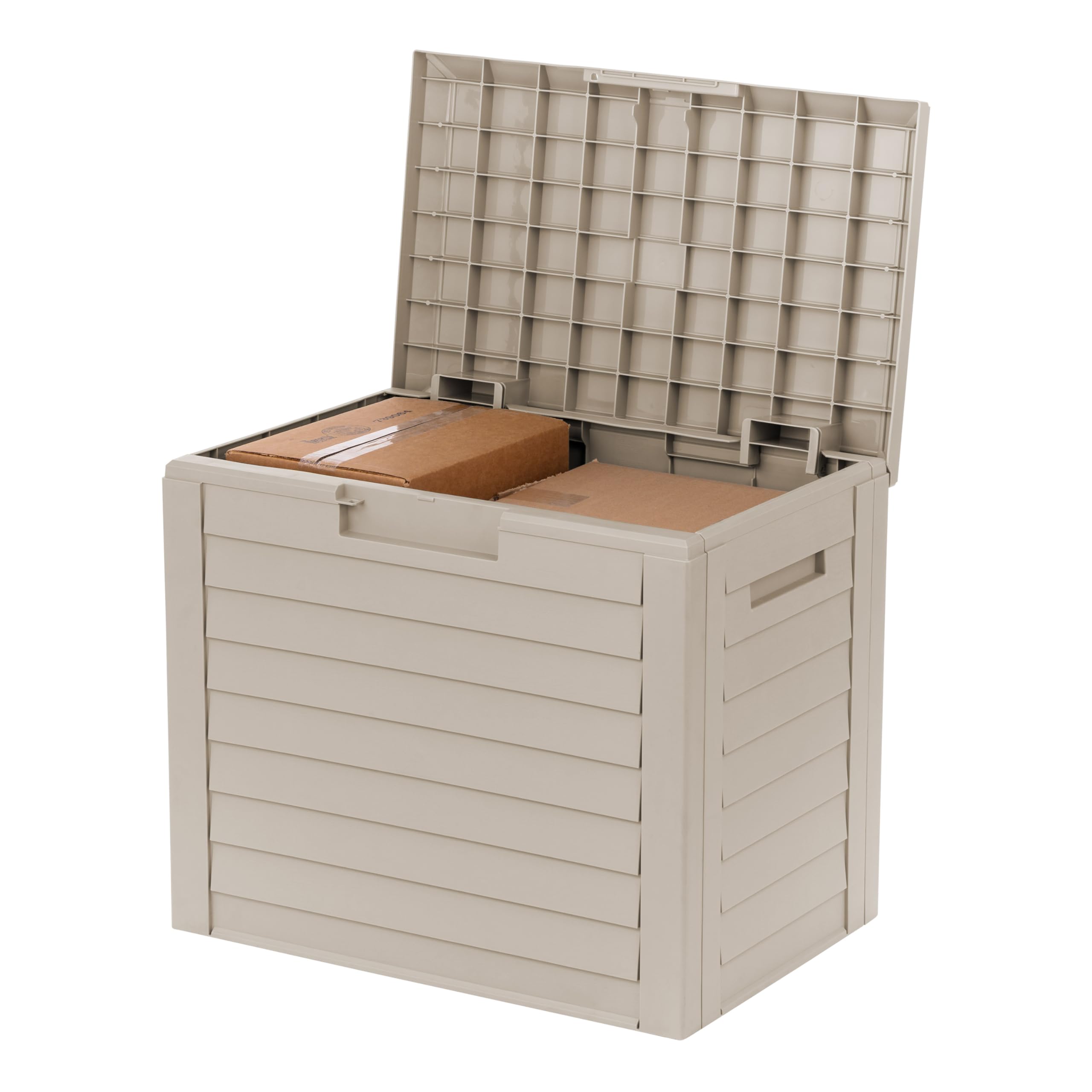 IRIS USA 35-gallon deck box lid open for easy access to cushions and tools
