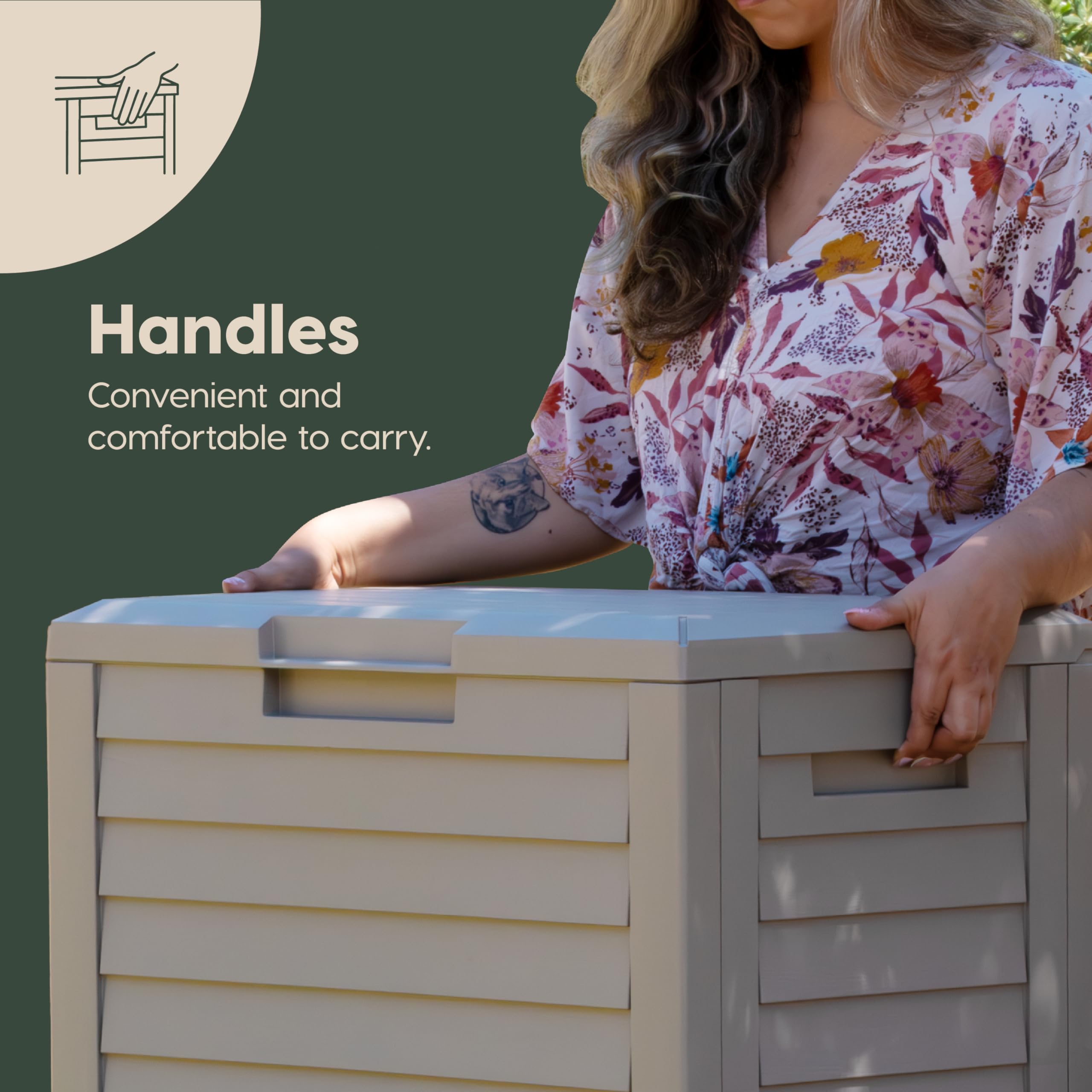 IRIS USA 35-gallon deck box on patio with beige wood-like texture