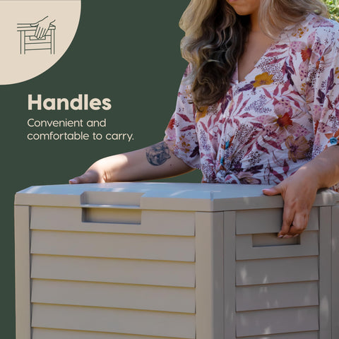 IRIS USA 35-gallon deck box on patio with beige wood-like texture