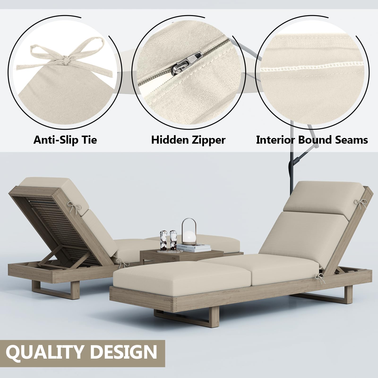 Iristykilin chaise cushion folds flat for compact storage after use.