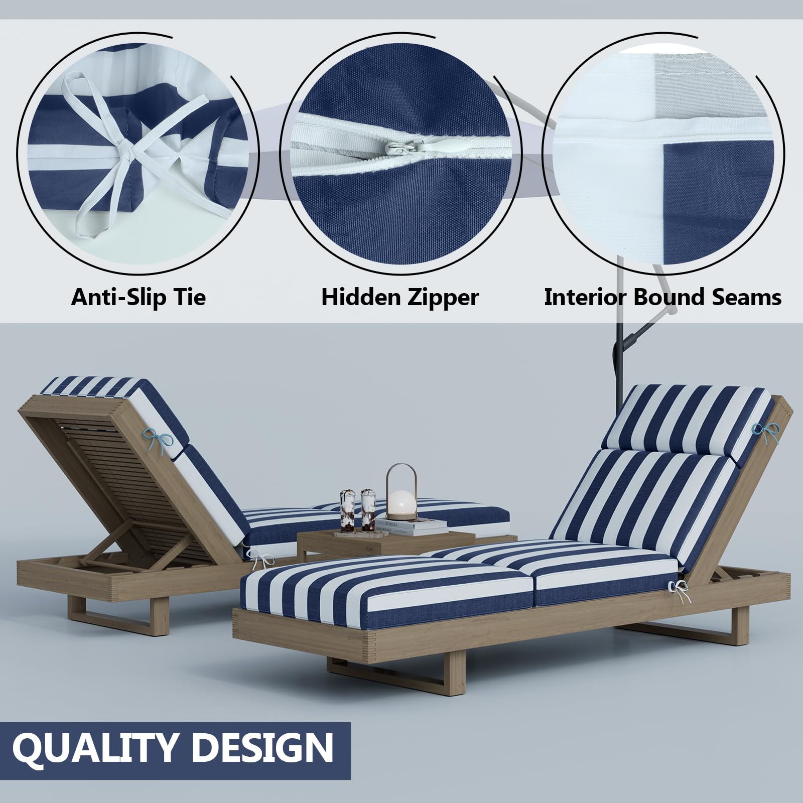 Iristykilin cushions feature quad-fold design to fit curved loungers.