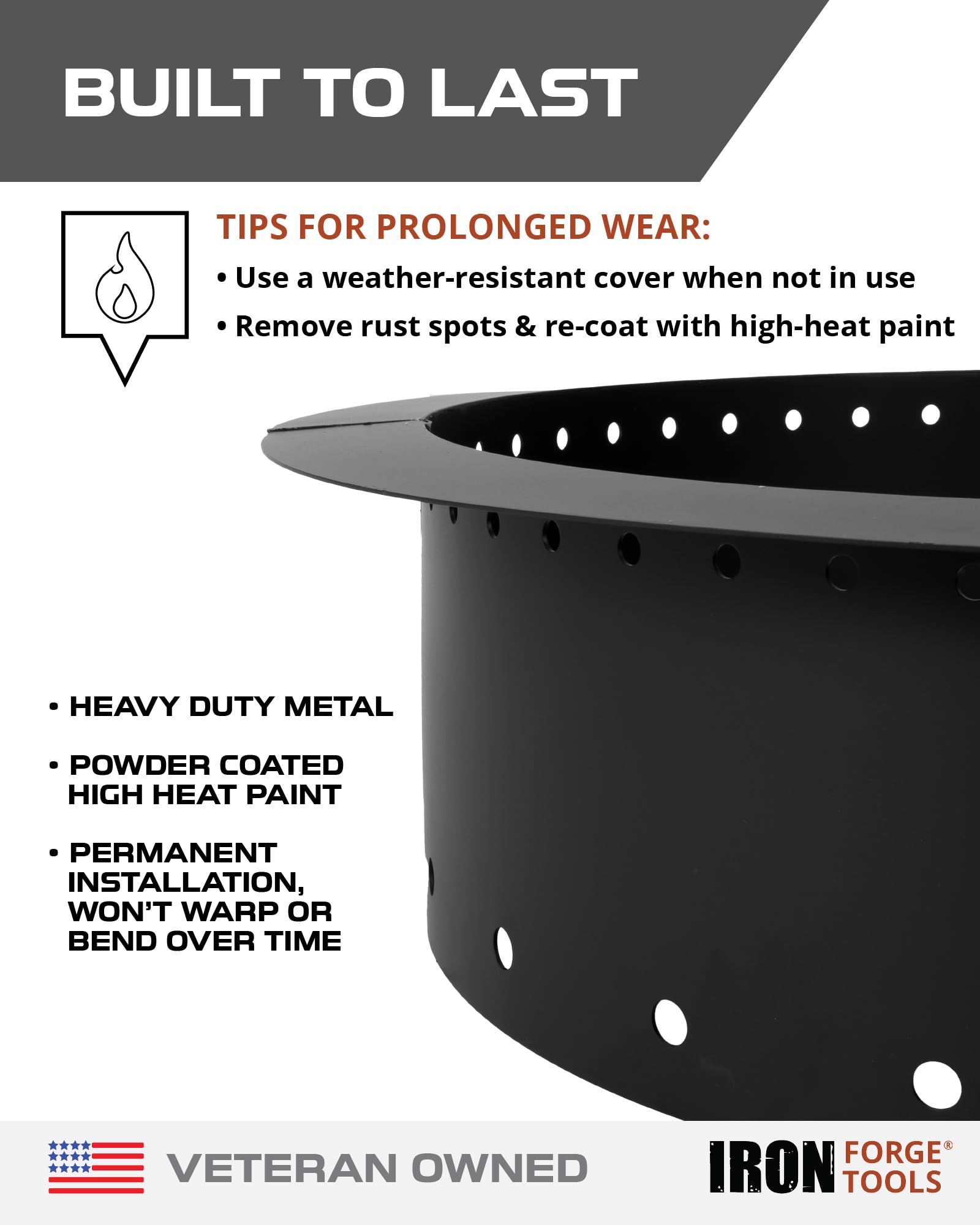 Iron Forge Tools smokeless ring with brick surround finish, rugged aesthetics for yards