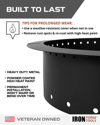 Iron Forge Tools smokeless ring with brick surround finish, rugged aesthetics for yards