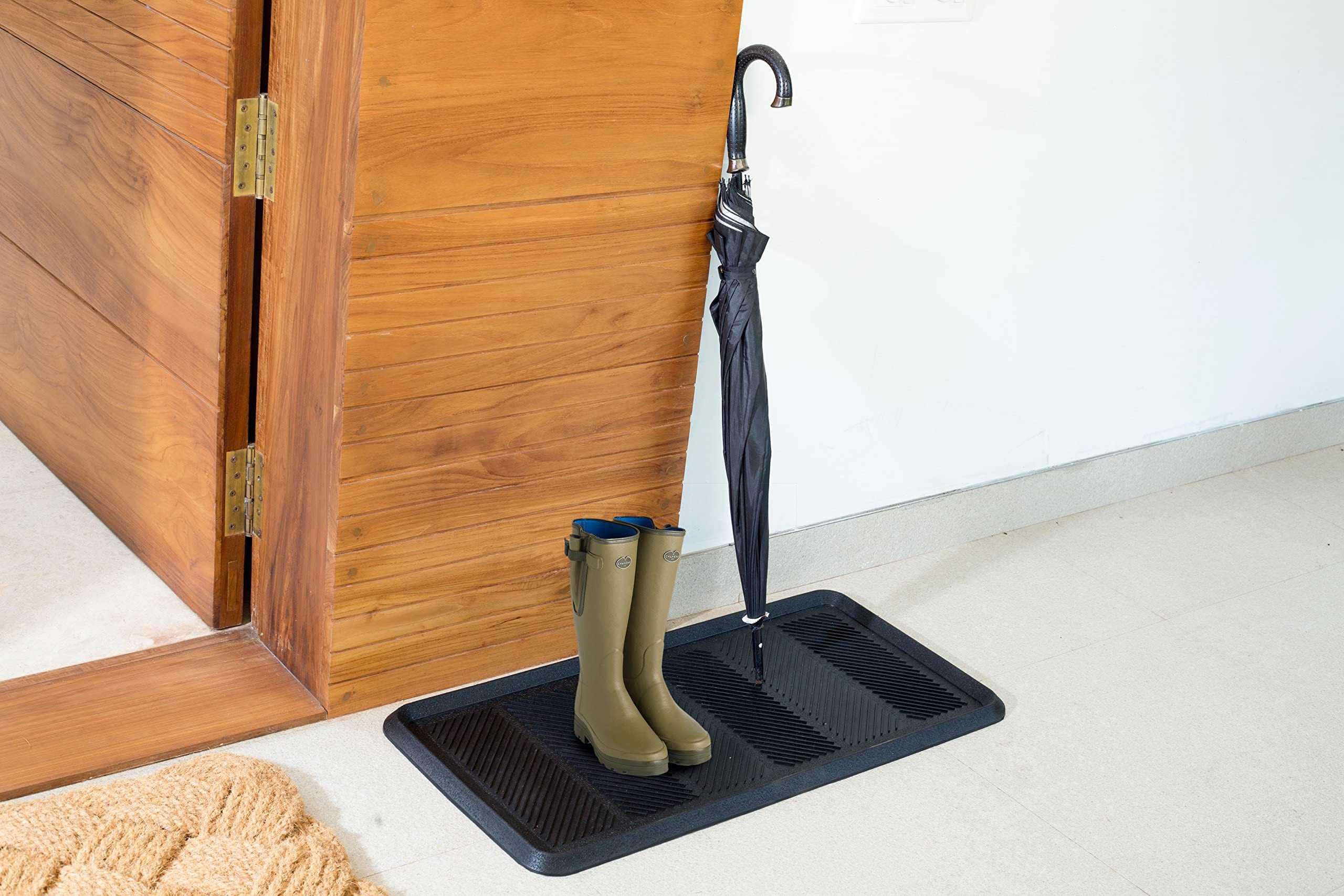 IRONGATE entryway boot tray protects mudroom surfaces from wet boots.