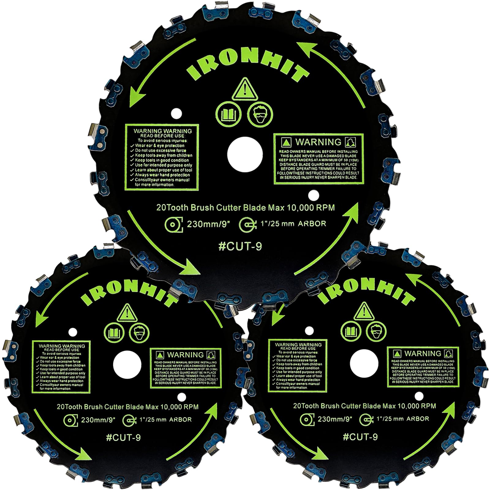 IRONHIT 9in 20T blades pack for rugged brush cutting.