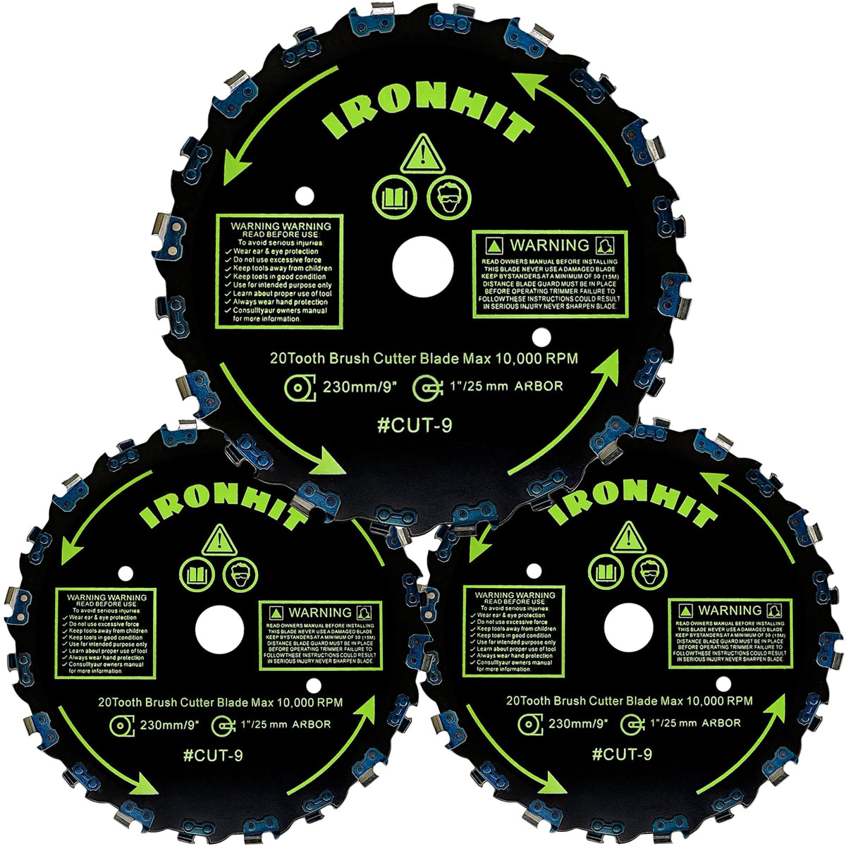IRONHIT 9in 20T blades pack for rugged brush cutting.