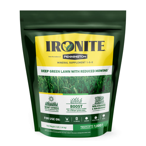 Ironite II Mineral Lawn Supplement bottle boosts lawn greenness during hot summers.