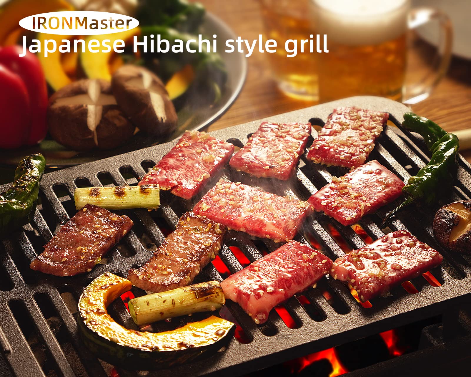 IronMaster Hibachi Grill pre-seasoned cast iron for durable use.