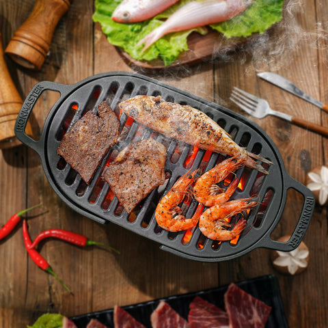 Close-up of heat-conductive cast iron grilling surface.