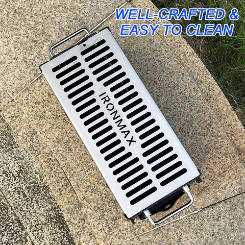 IRONMAX ash pan design enables quick cleanup after meals outdoors.