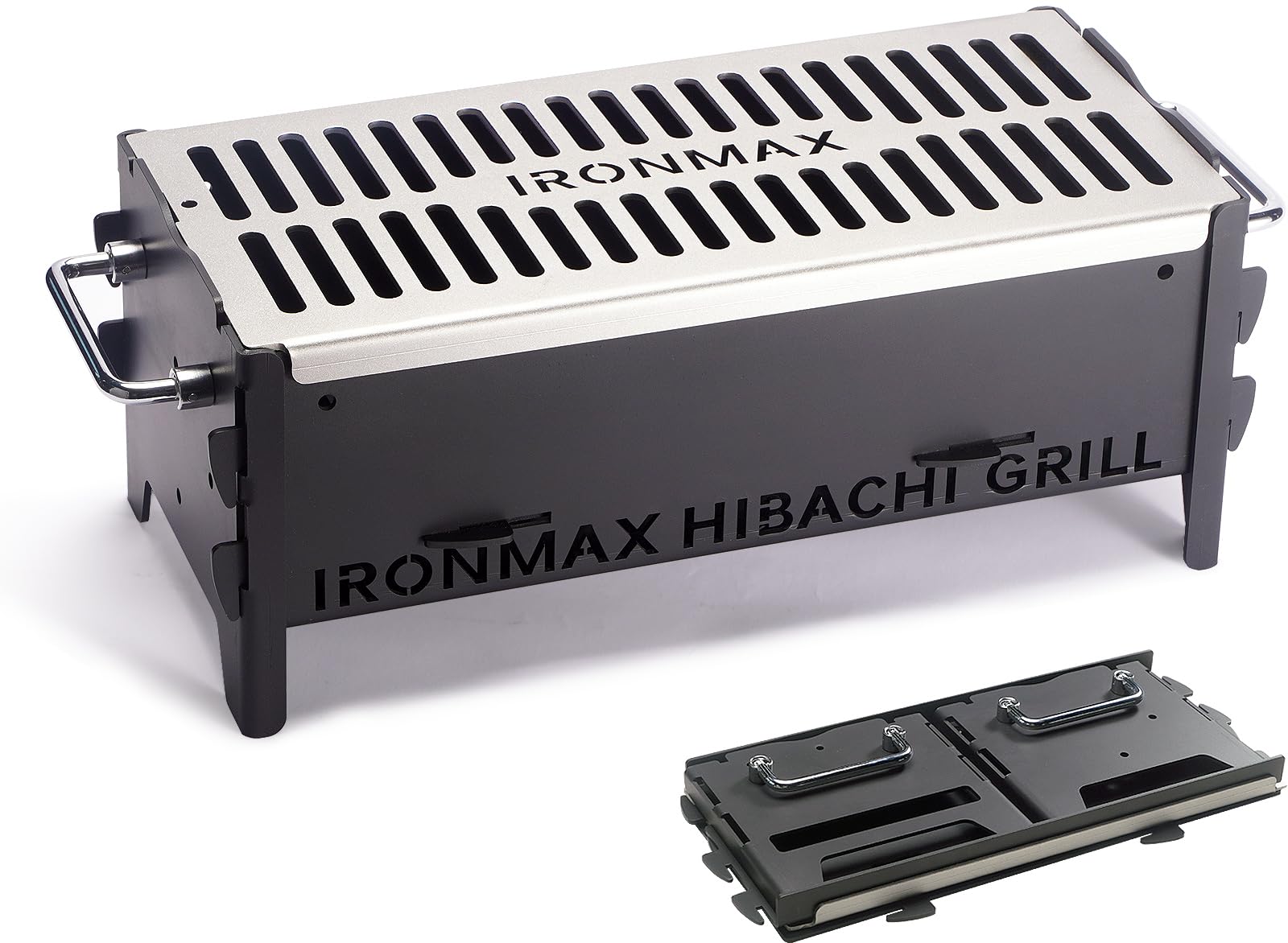 IRONMAX portable folding hibachi grill front view, durable build ideal for outdoor cooking.