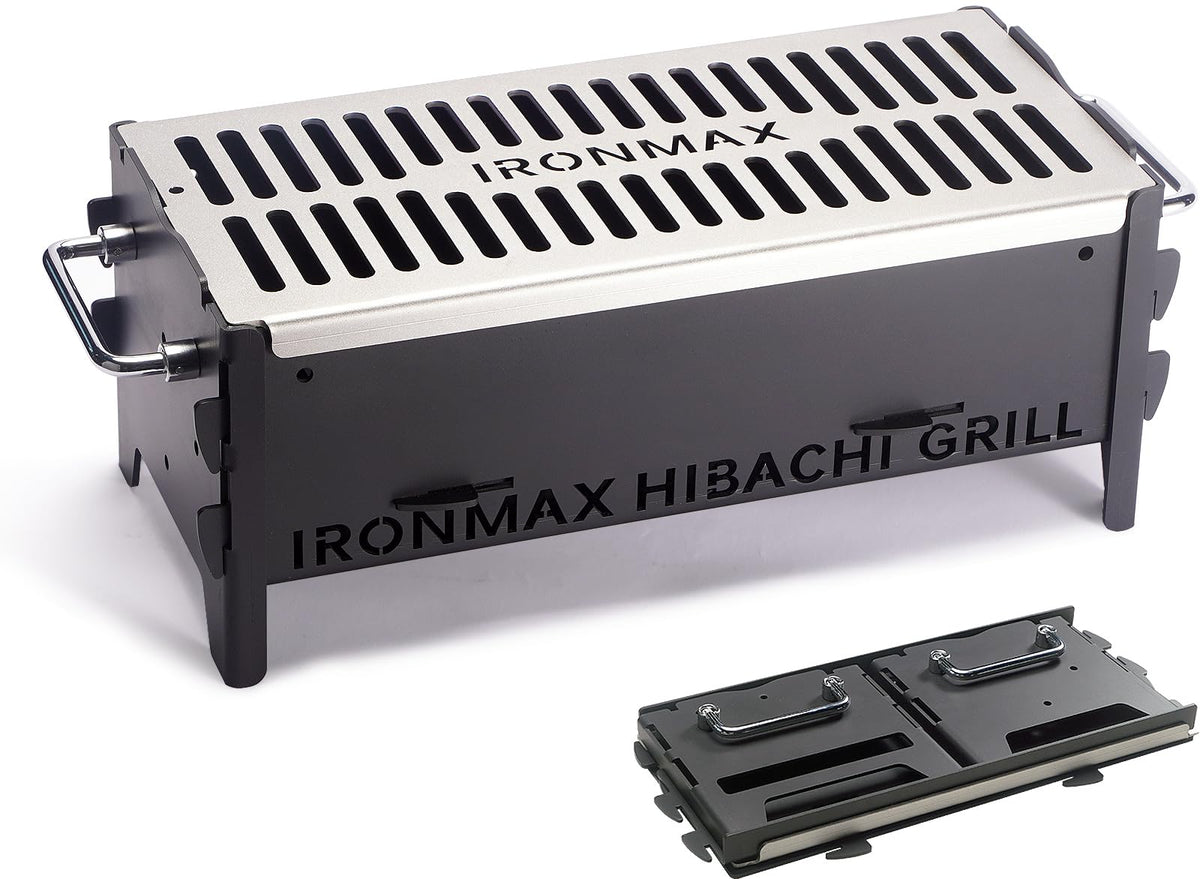 IRONMAX portable folding hibachi grill front view, durable build ideal for outdoor cooking.