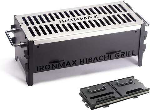 IRONMAX portable folding hibachi grill front view, durable build ideal for outdoor cooking.