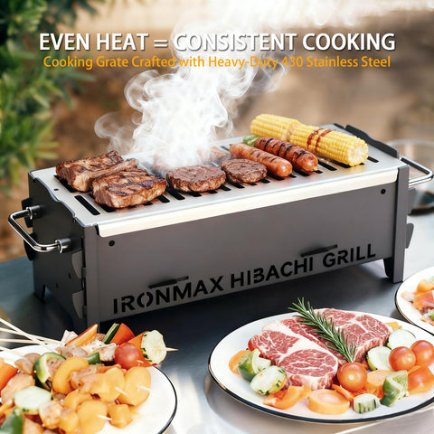 IRONMAX portable folding hibachi grill side view, compact for RV trips and easy transport.