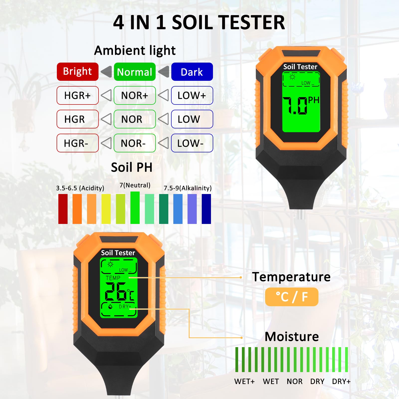 IRTOV 4-in-1 soil meter moisture reading supports proper watering