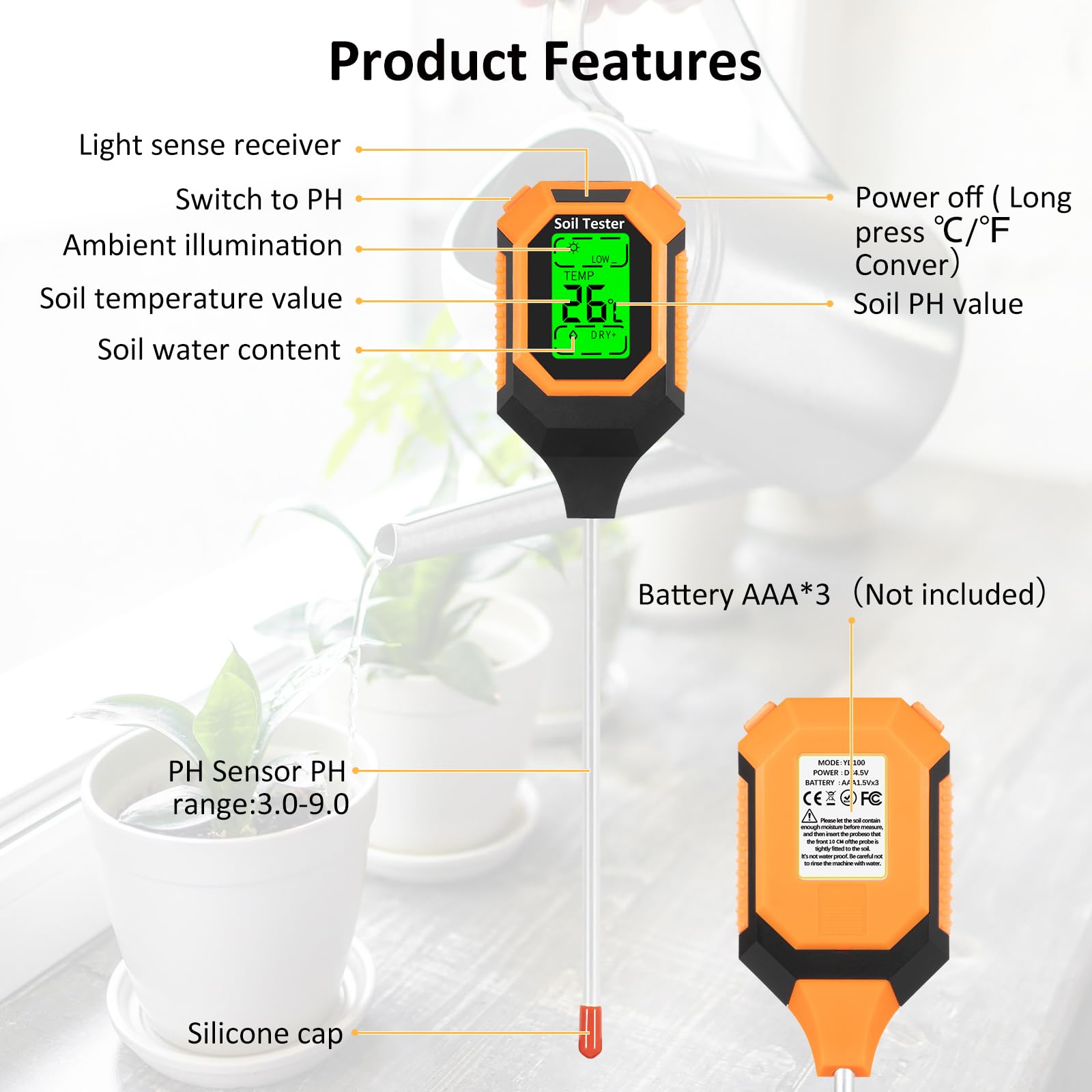 IRTOV 4-in-1 soil meter probe inserted in soil 3-5 inches for accurate data