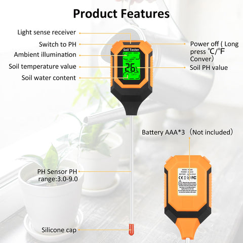 IRTOV 4-in-1 soil meter probe inserted in soil 3-5 inches for accurate data