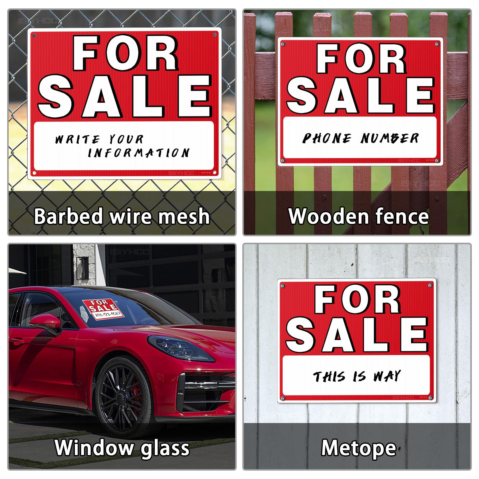 ISIYHCC for sale sign car 4-pack rear window stays legible from behind.