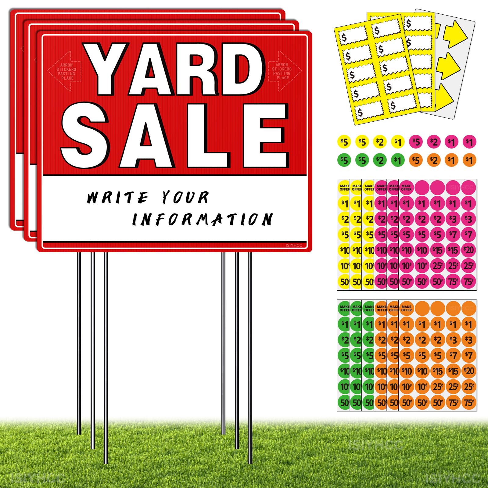 ISYHCC yard sale signs kit with stakes for durable outdoor display.